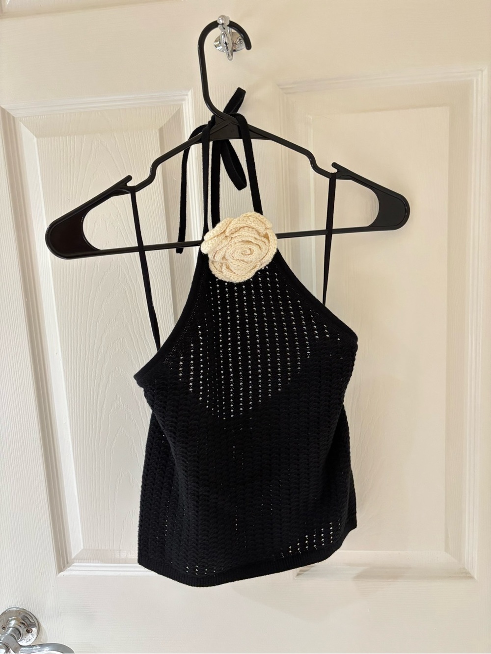 Alice + Olivia Black Openwork Crochet Top with Cream Label